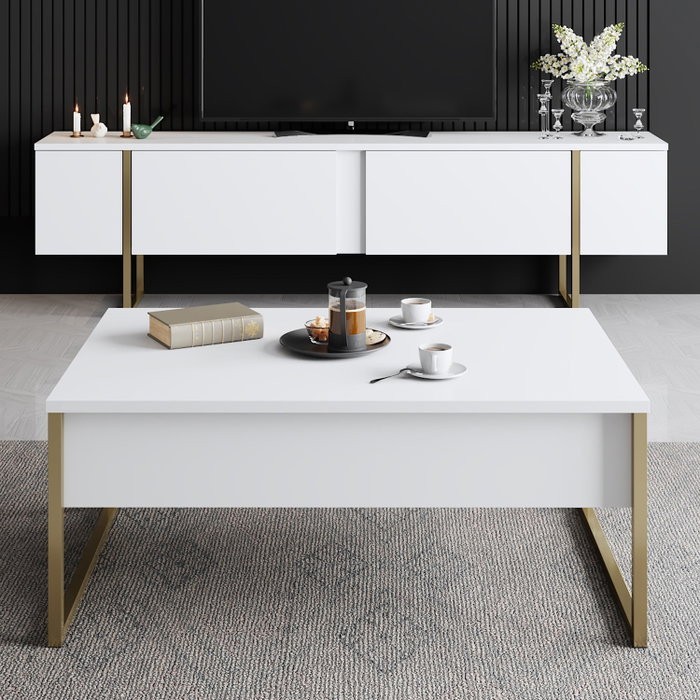 Hanah Home Soporte TV Blanco y Dorado 180cm con Patas Metálicas Elegantes